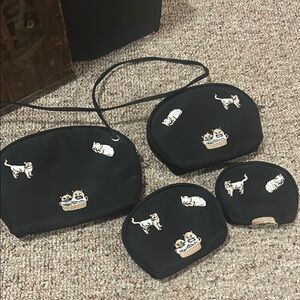 Black Cat Print Cosmetic Bag Set and purse